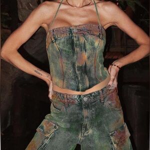 Women's Denim Tank Top Halter Vintage Distressed Backless Lace Up Jean Tube Vest